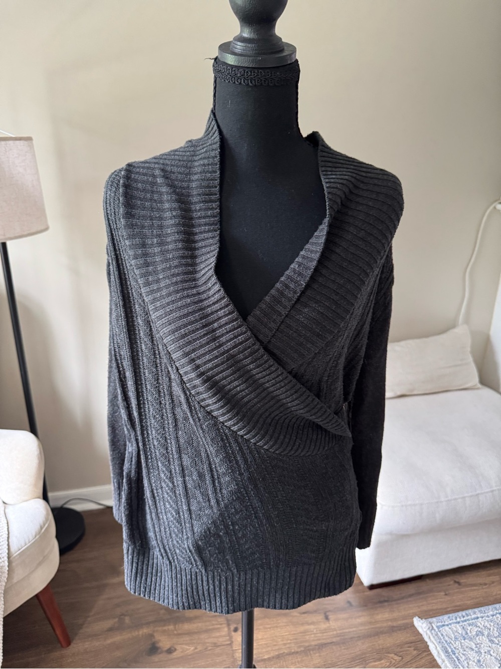 BCX Ribbed Shawl-Collar Wrap Sweater - Charcoal